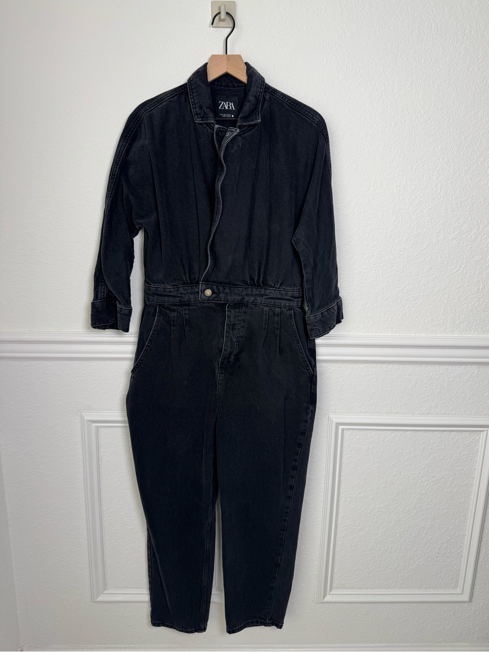 Zara Washed Black Denim Utility Jumpsuit Size L